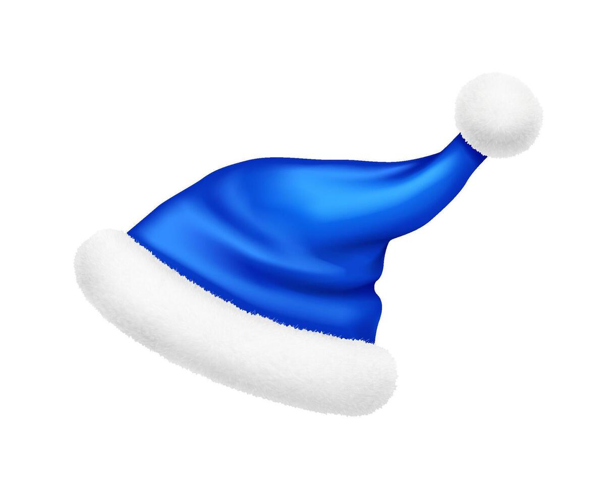 Santa hat with pompom from blue fabric realistic illustration. New year holiday masquerade accessory 3d model on white background vector