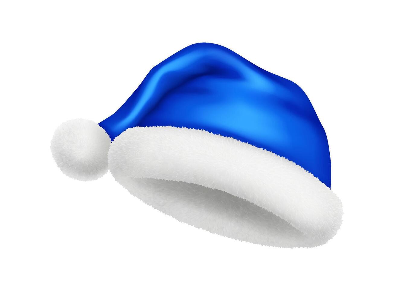 Blue Santa hat with pompom and decorative fur realistic illustration. Christmas masquerade party accessory 3d model on white background vector