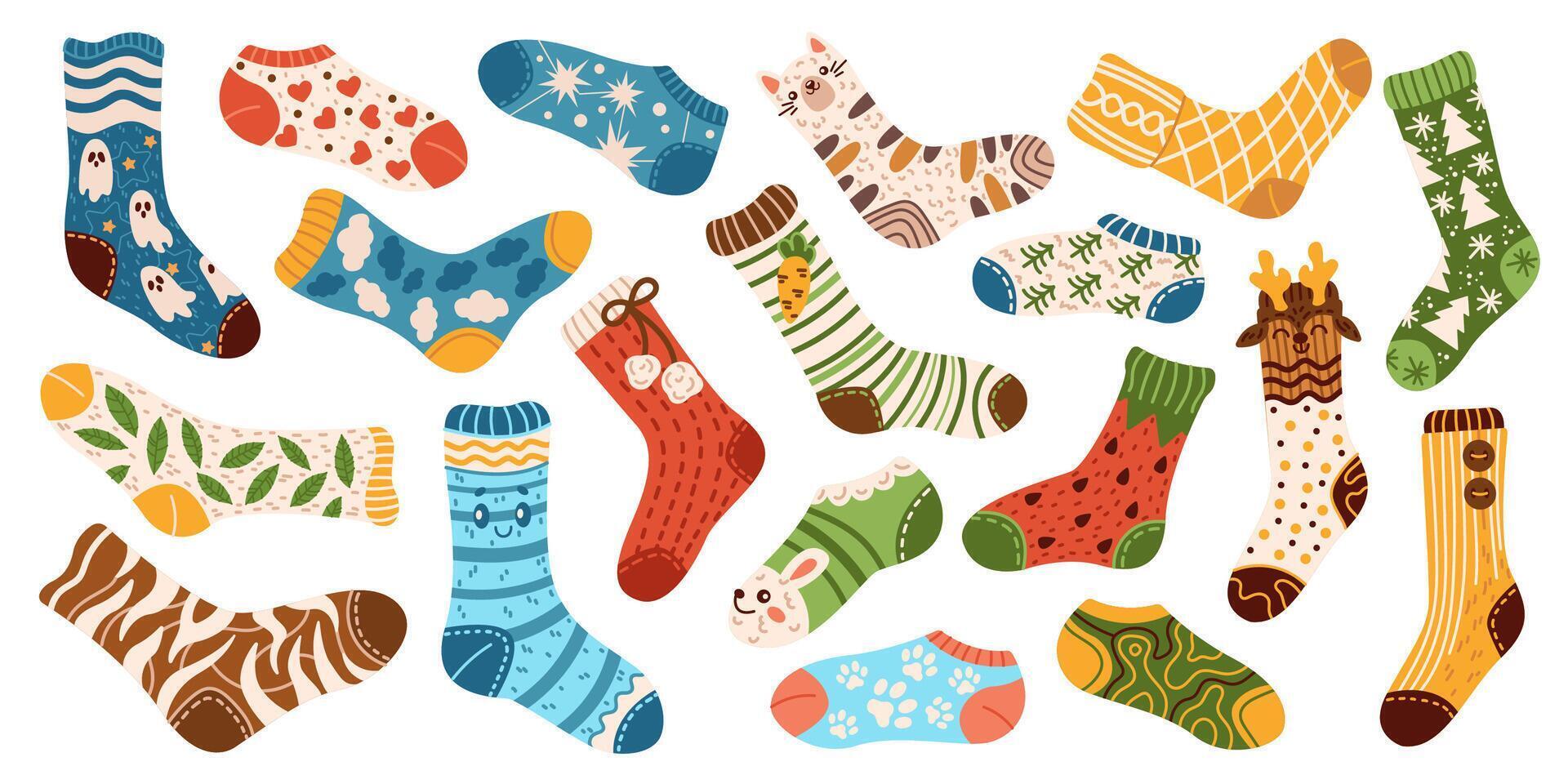 Assortment of socks with playful designs flat color objects set. Warm handmade knitwear for feet illustrations pack on white background vector