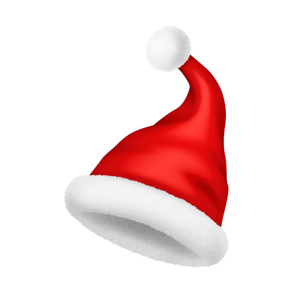 Red color Santa Claus hat with fur ball realistic illustration object. Magic Christmas season celebration 3d model on white background vector