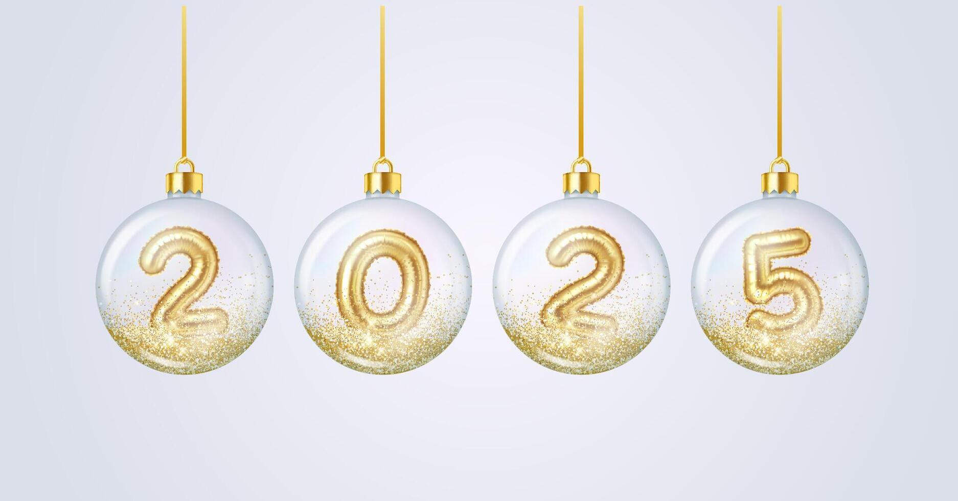 2025 golden number on glass ball baubles realistic composition. Celebrating New Year holiday with glitter 3d objects on white background vector