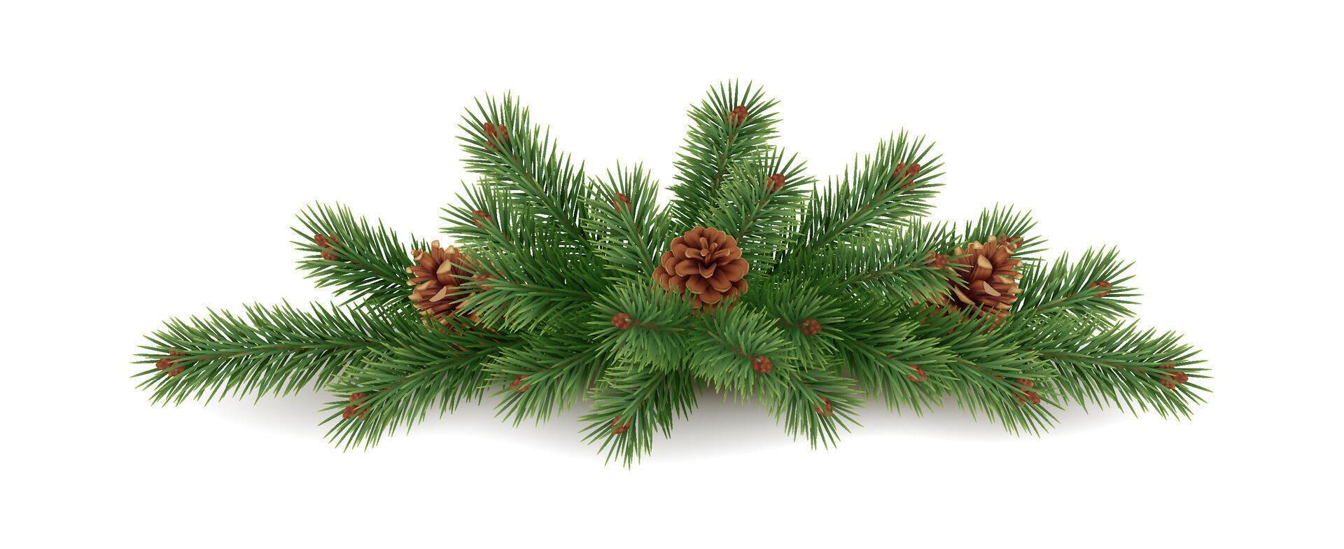 Festive garland with pinecones and spruce branches realistic icon. Craft ornament for winter holidays 3d object illustration on white vector