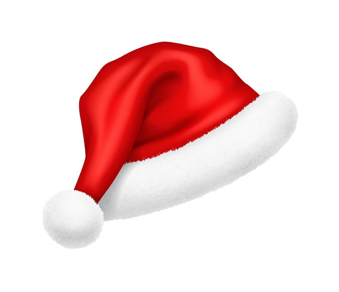 Red Santa Claus hat with fur trim decor realistic illustration object. Christmas masquerade clothing attribute 3d model on white background vector
