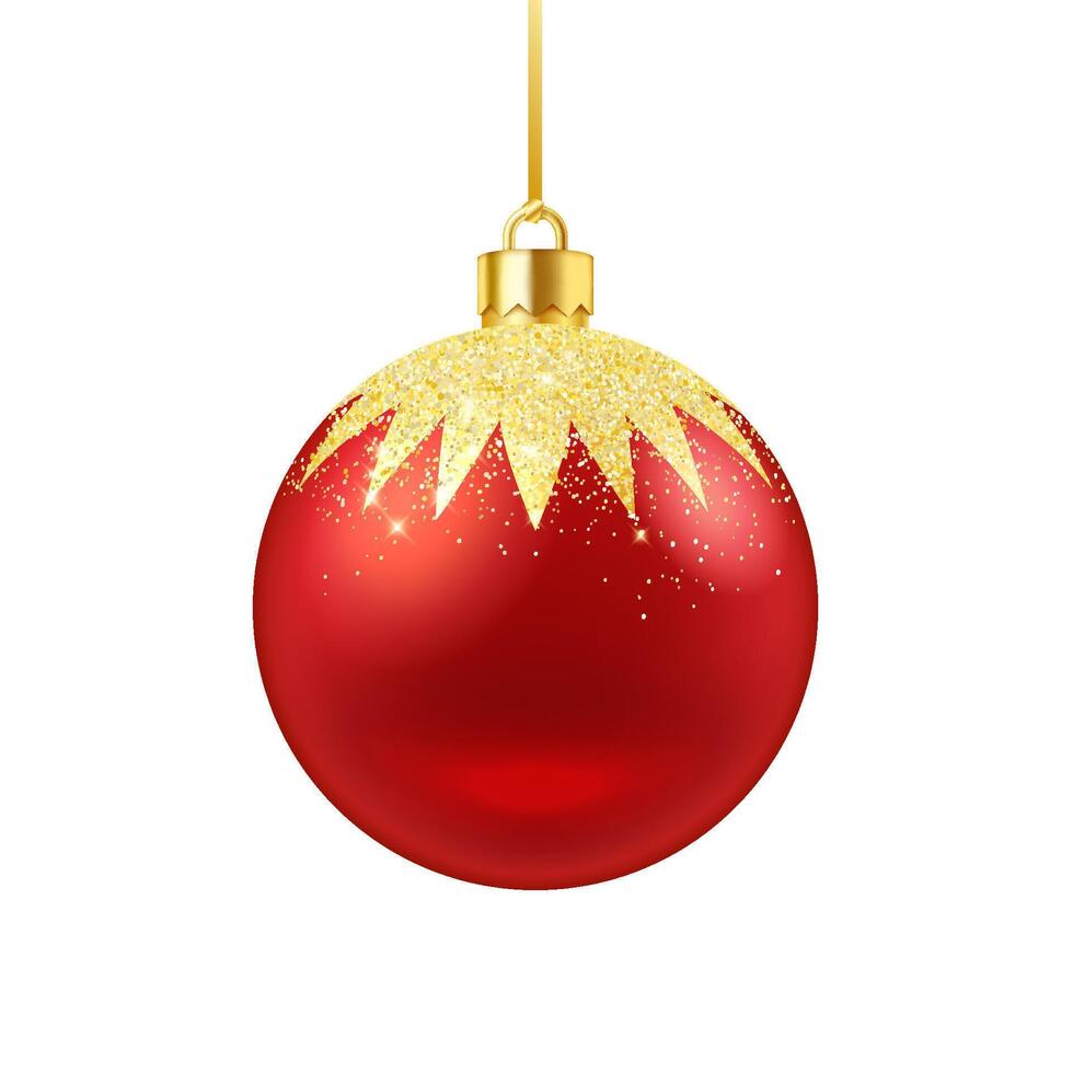 Red bauble ball with golden pattern on top realistic illustration. Vivid New Year sphere sparkling cap 3d object on white background vector