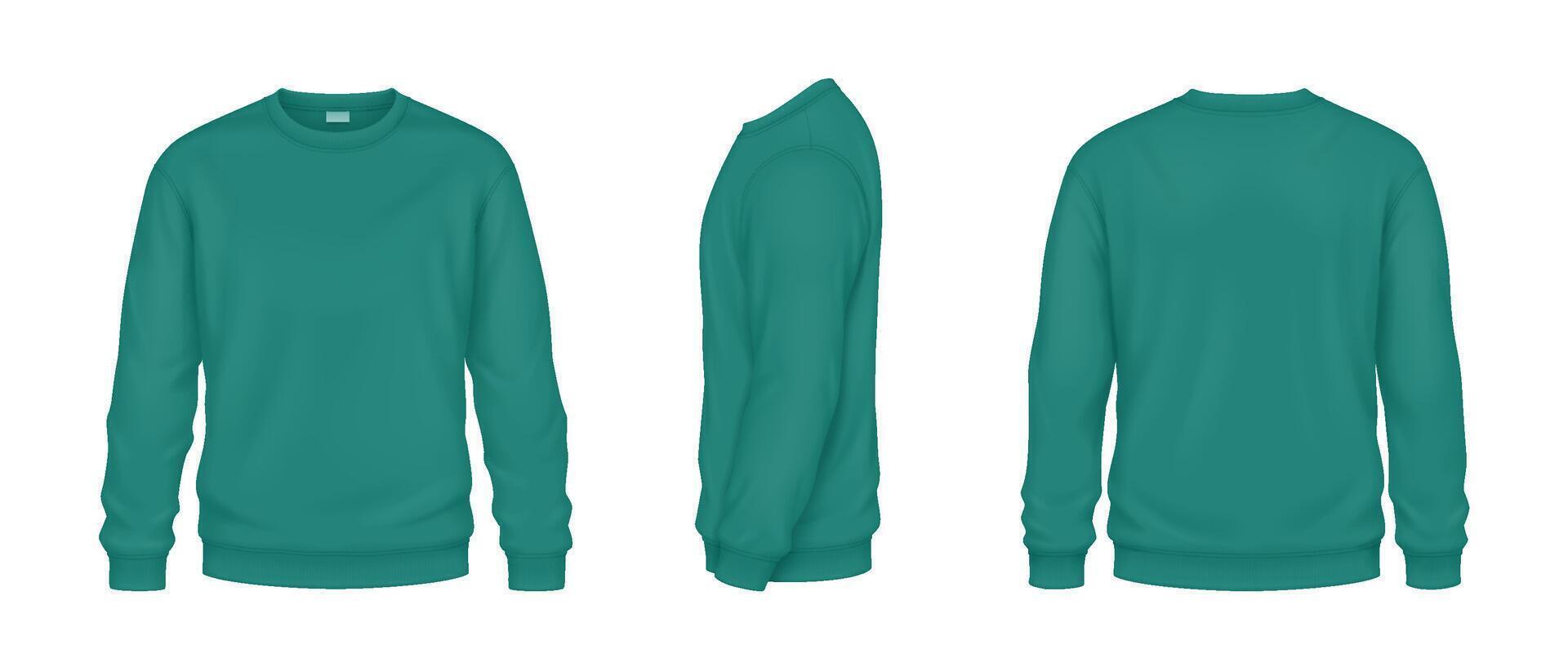 Fashionable sweatshirts mockup illustrations set. Clothes of turquoise color for cold days template 3d model on white background vector
