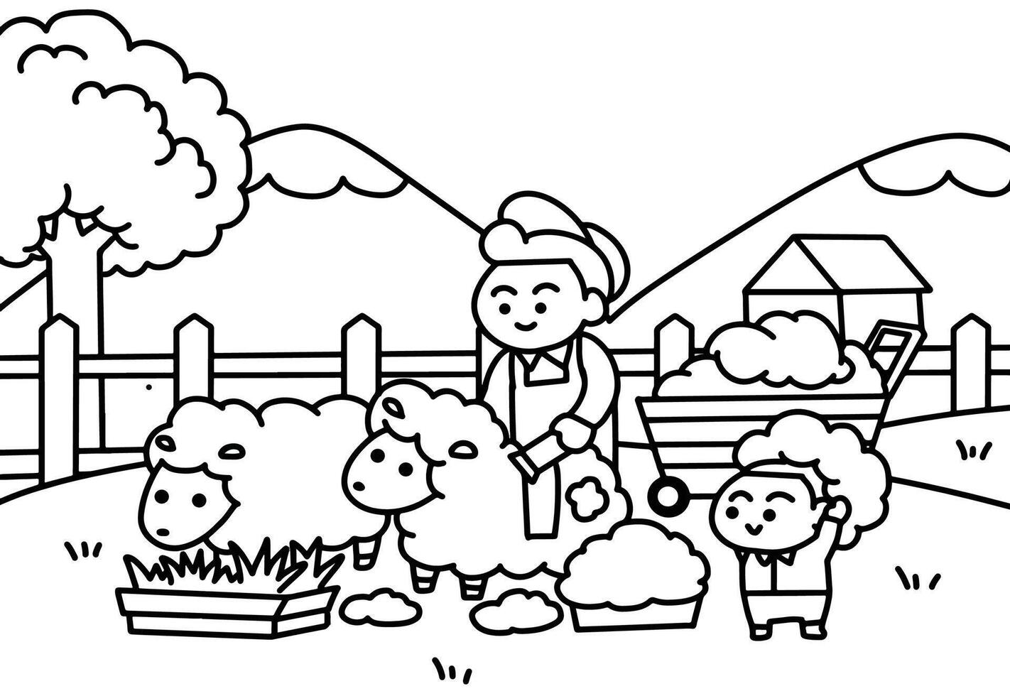 Shaving the sheep coloring pages style. vector