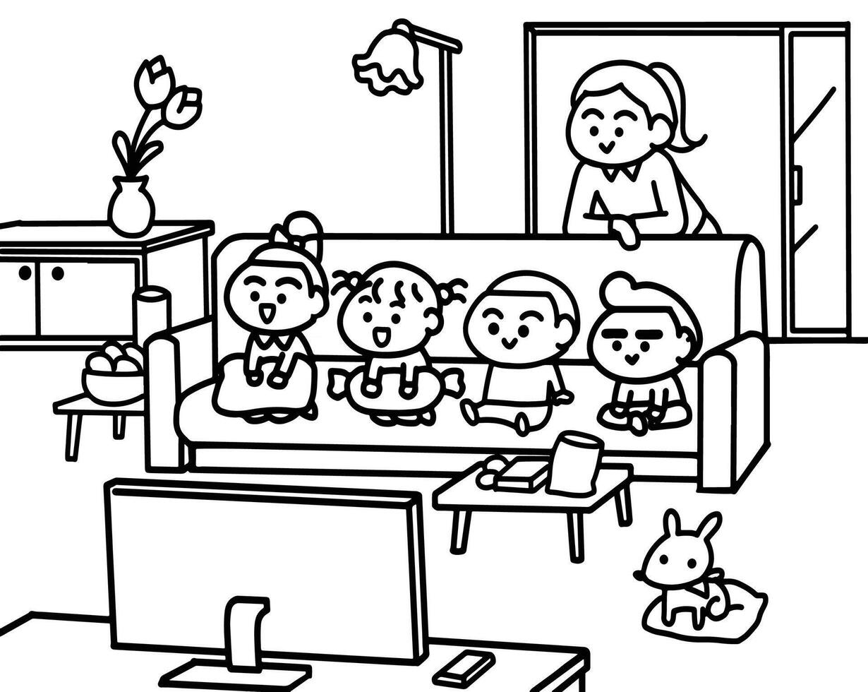 Watching television with friends coloring pages style. vector