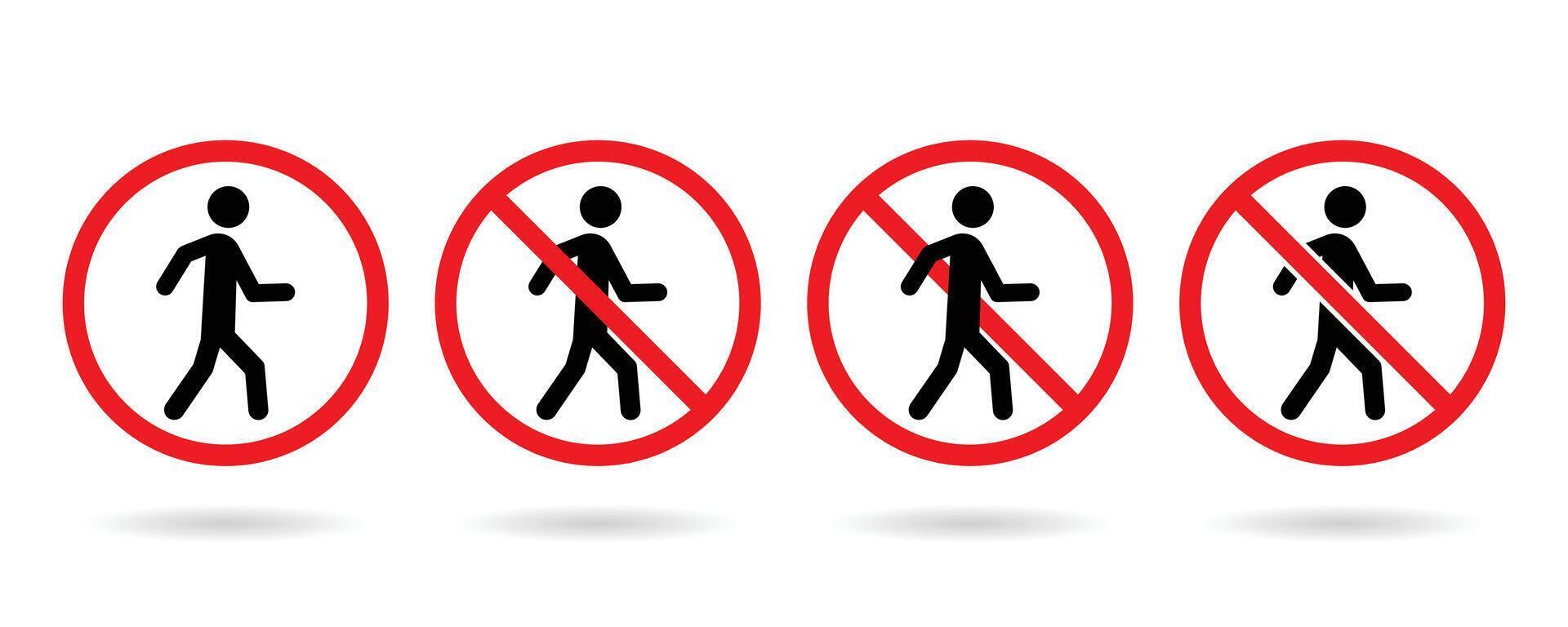 Prohibition no pedestrian sign. No walk icon set. No entry sign. Don't walk icons. vector