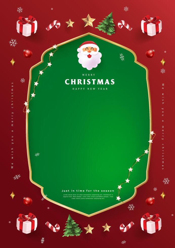 Merry Christmas sign banner frame with empty space and festive decoration on red background vector
