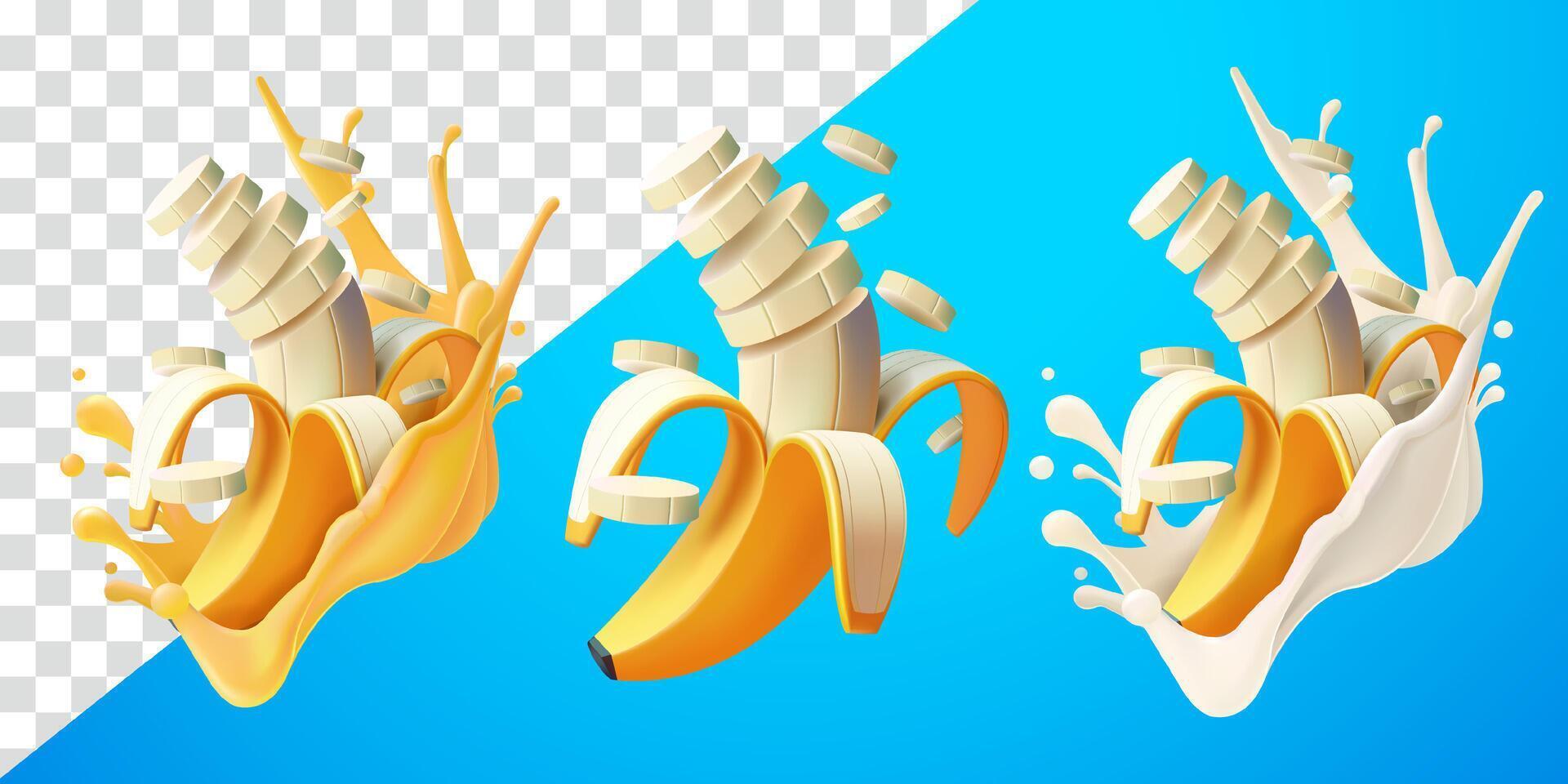 Banana slices with flying splash juice and fresh milk. Suitable for decoration, elements, food and drinks vector