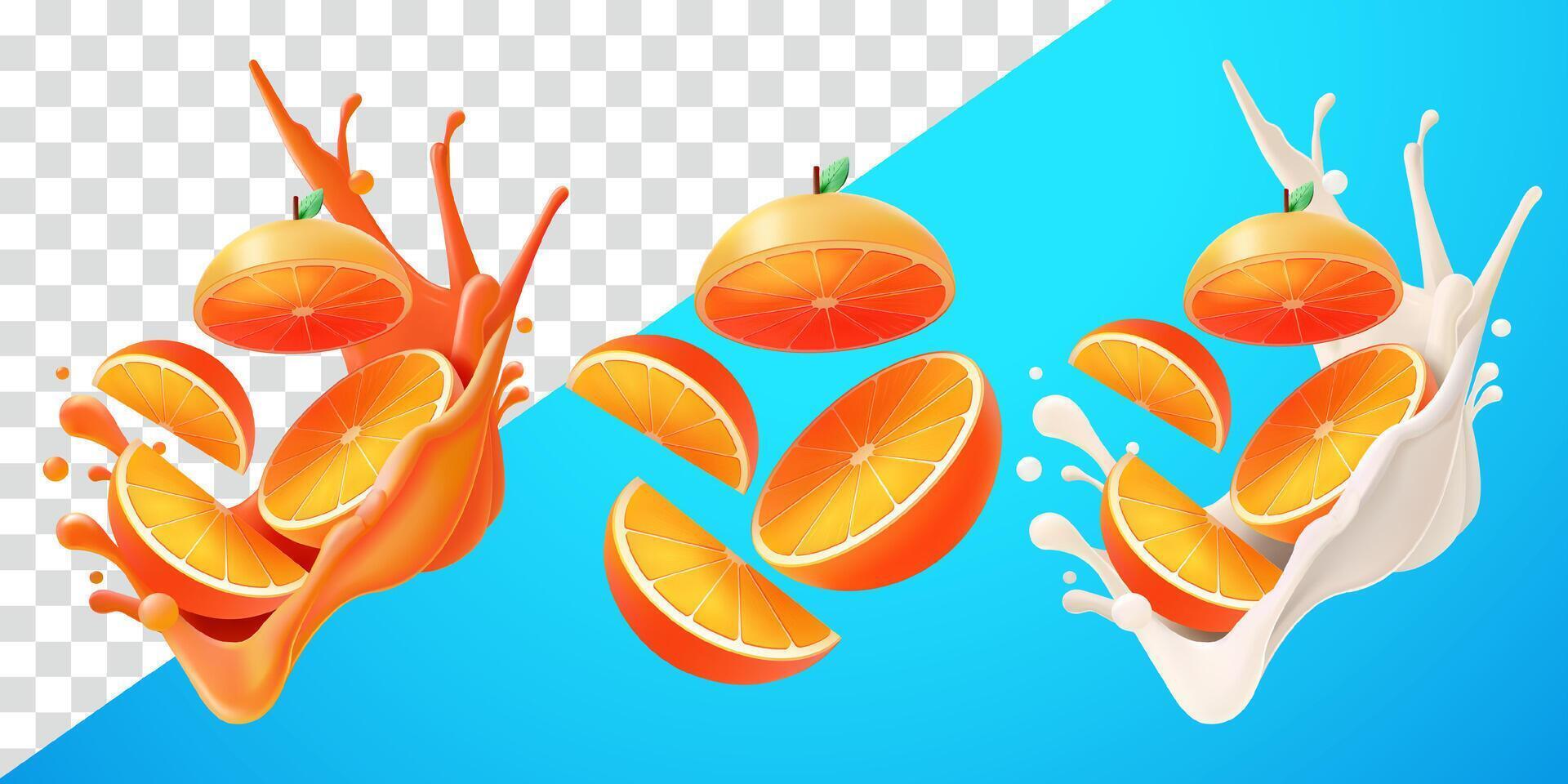 Orange slices with flying splash juice and fresh milk. Suitable for decoration, elements, food and drinks vector