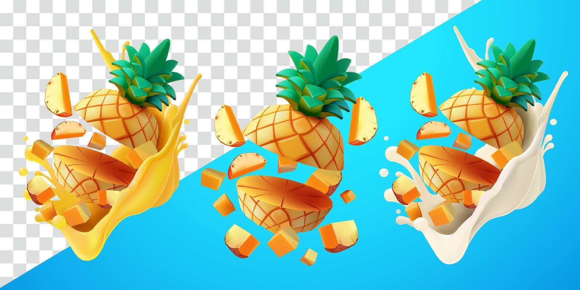 Pineapple slices with flying splash juice and fresh milk. Suitable for decoration, elements, food and drinks vector