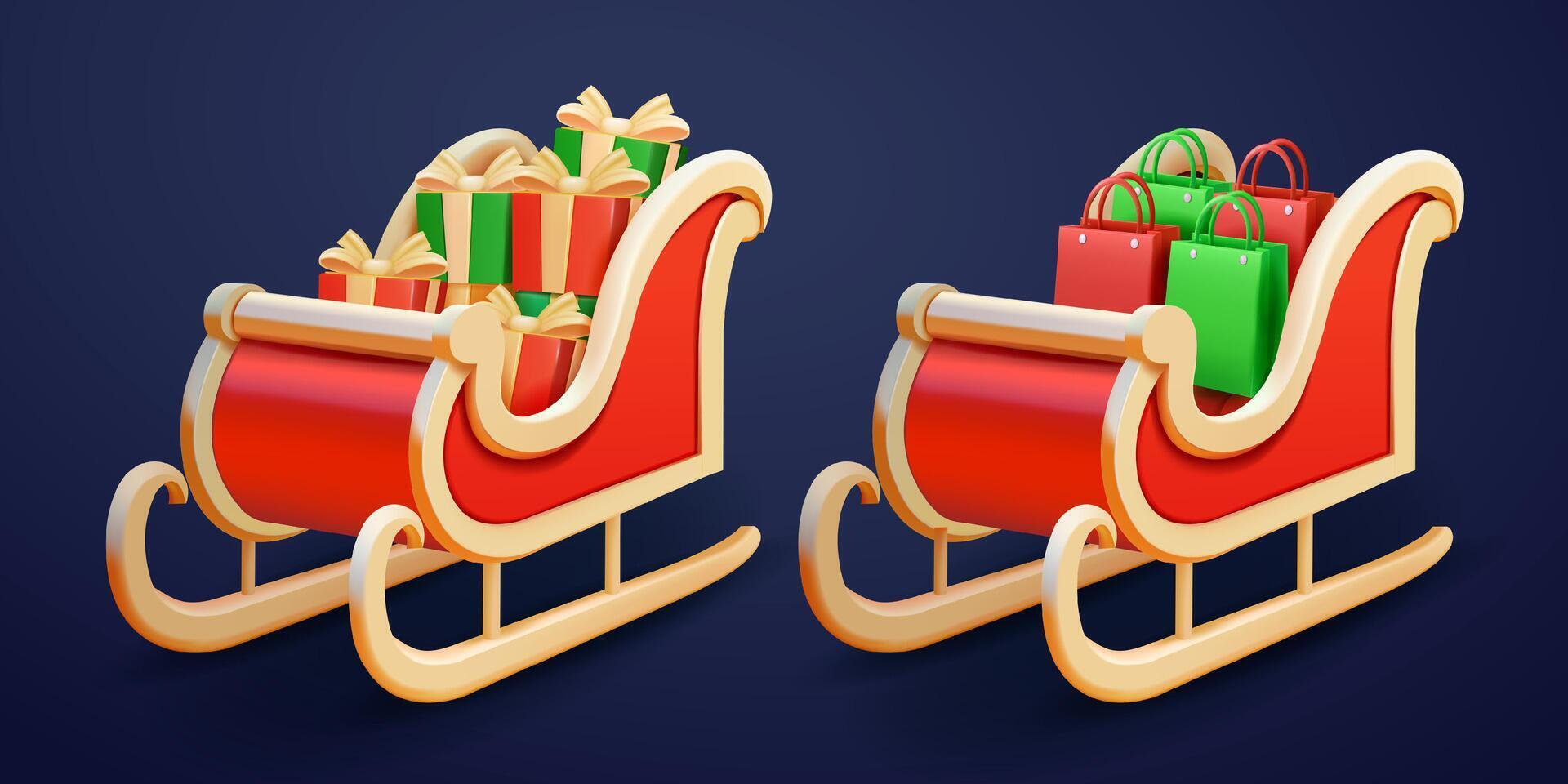 Santa Claus sleigh with gifts and shopping bags, 3d. Suitable for events and advertising vector