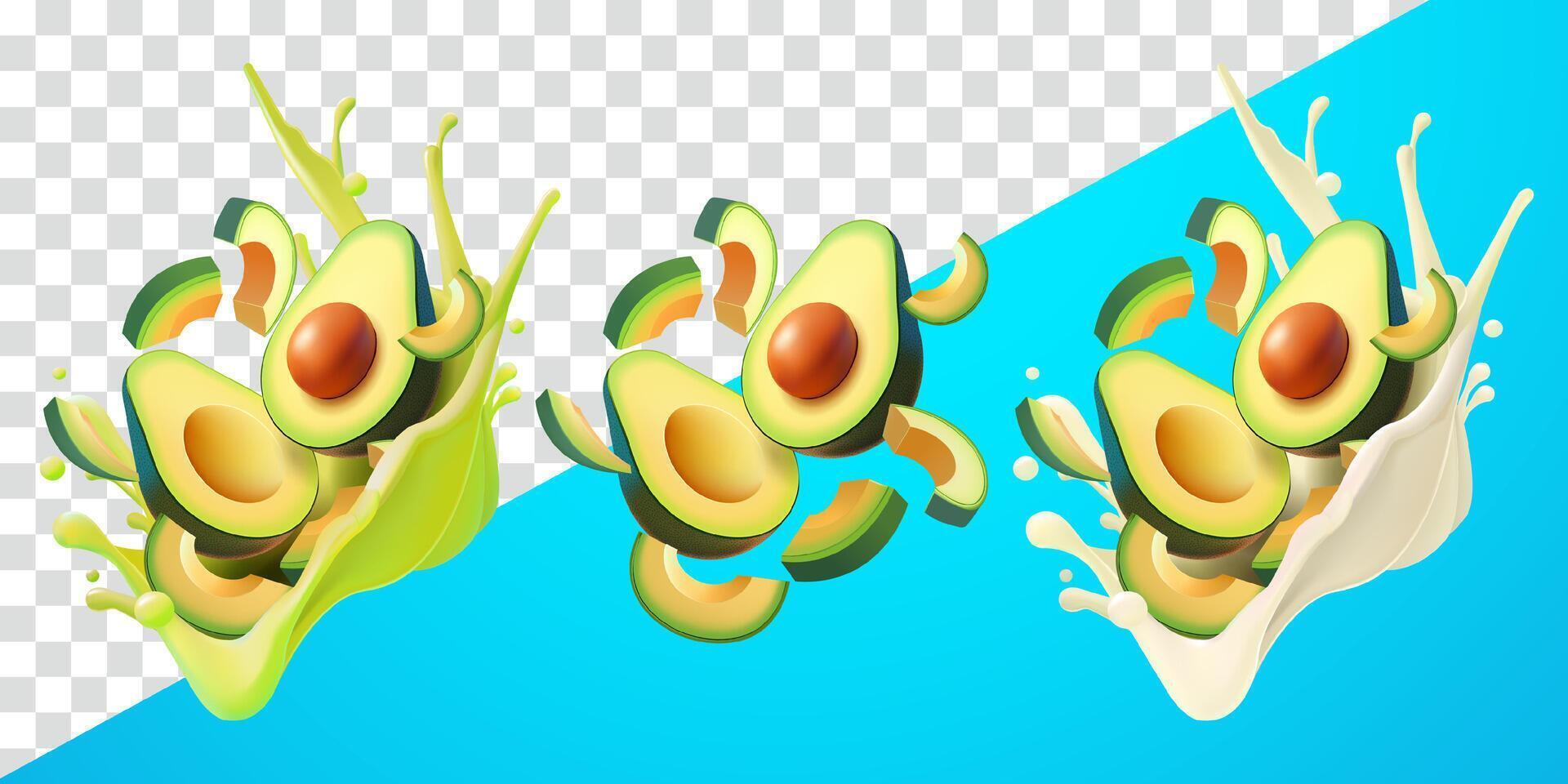 Avocado slices with flying splash juice and fresh milk. Suitable for decoration, elements, food and drinks vector