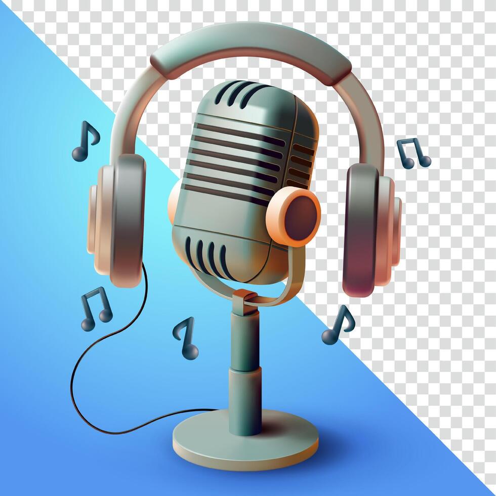 Vintage microphone and earphones, 3d. Suitable for podcasts and design elements vector