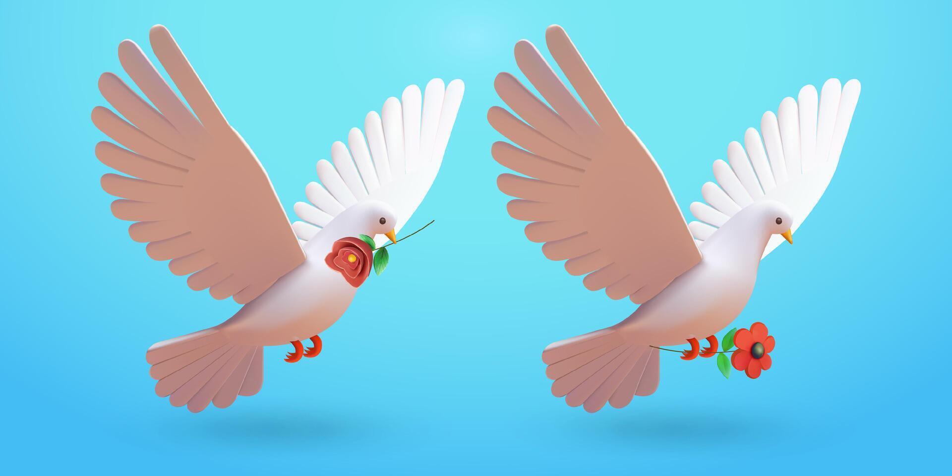 Pigeon flying carrying flowers, 3d. Suitable for events and design elements vector
