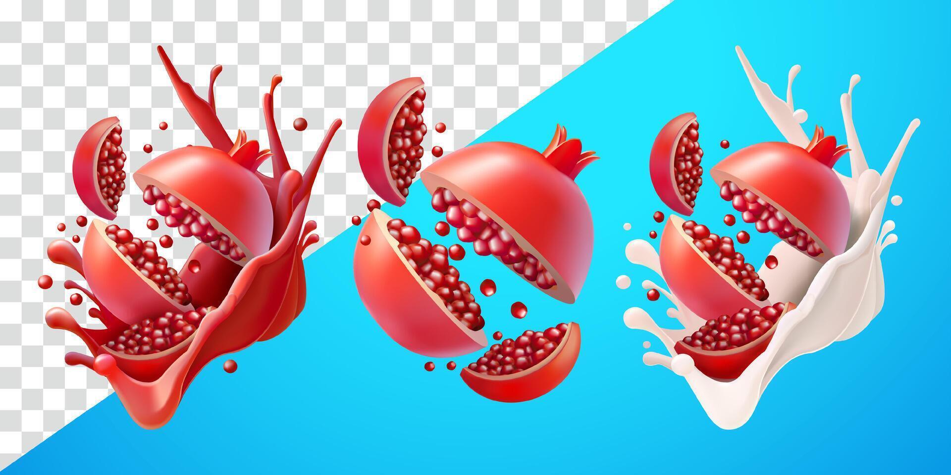 Pomegranate slices with flying splash juice and fresh milk. Suitable for decoration, elements, food and drinks vector