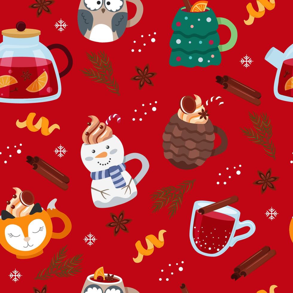 Winter drinks red seamless pattern. Funny mugs in the form of characters. Christmas bright colorful background. vector