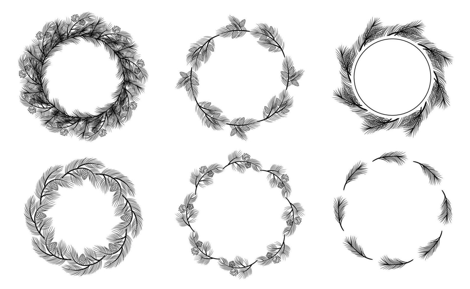 Set of Christmas wreaths. Pine branches festive decoration. Sketch design element for greeting card, banner. vector