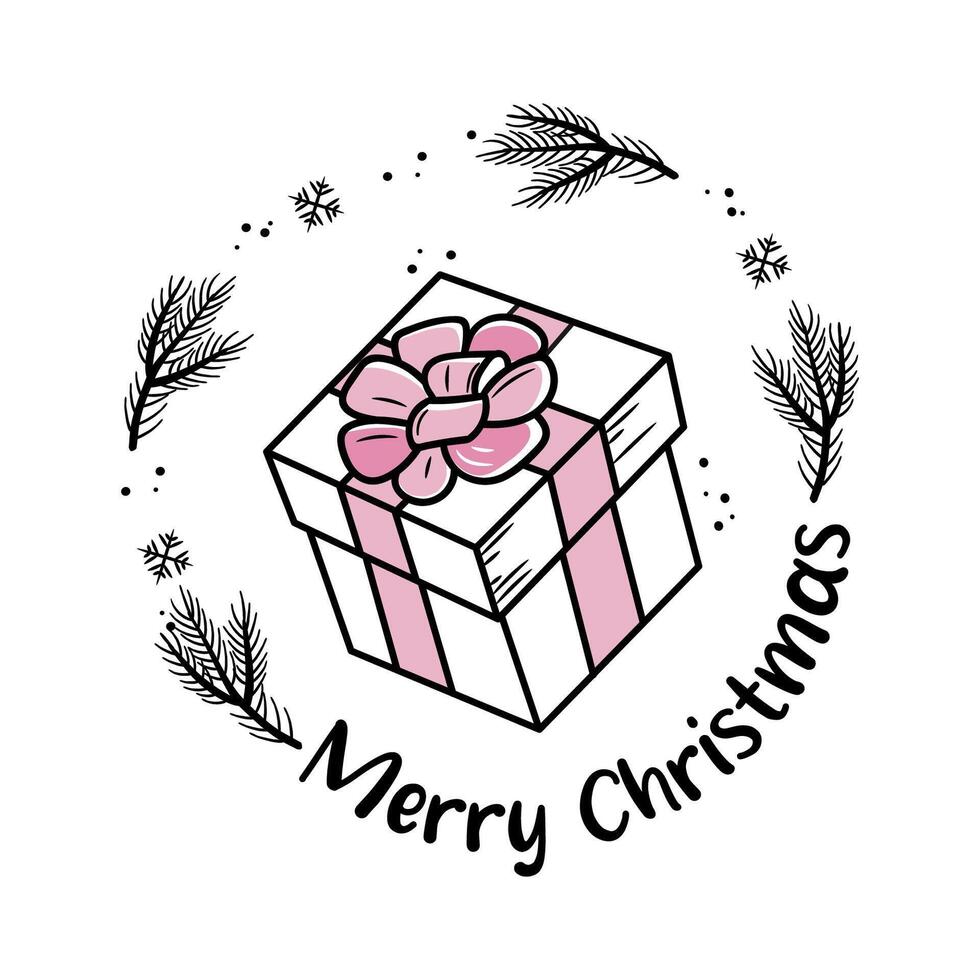 Christmas gift. Winter holiday label. Inscription - Merry Christmas. New Year greeting card template in doodle style. vector
