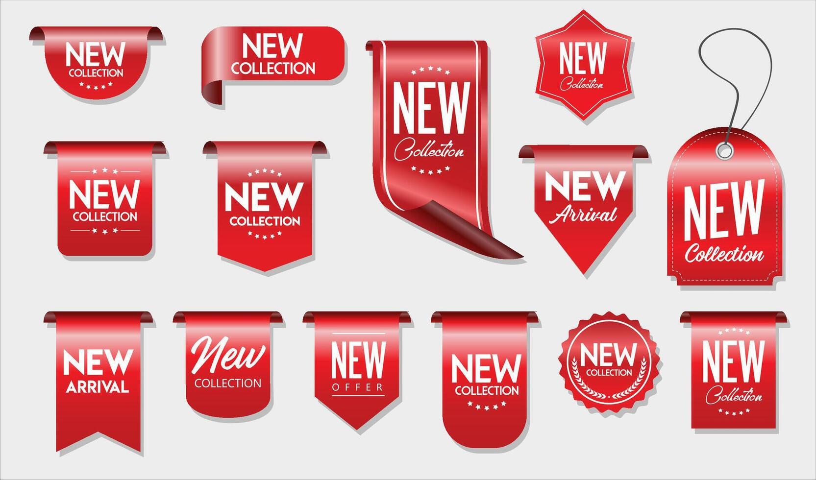 New arrival and collection stickers and labels for promotion flat icon kit isolated on white background vector