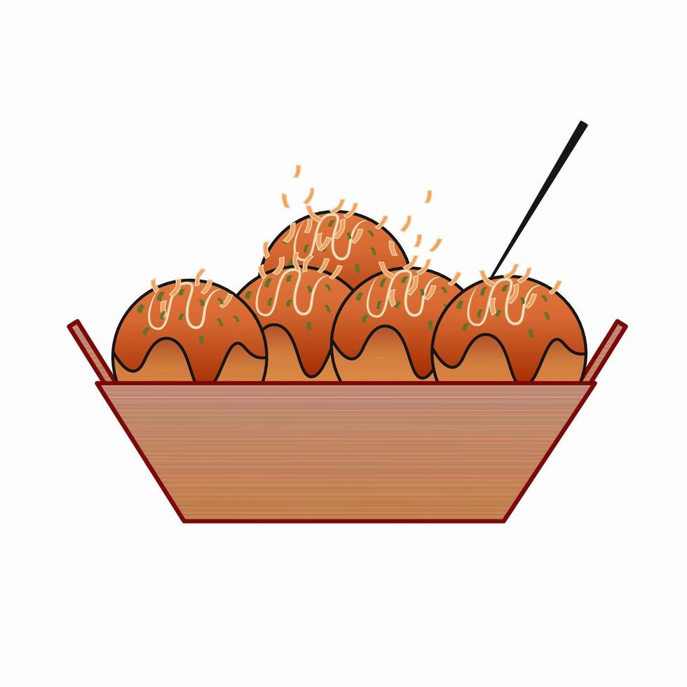 illustration of takoyaki in a carrier complete with takoyaki sauce, sliced topping crumbs, and a stick to eat the takoyaki on. vector