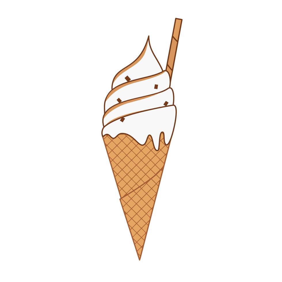 illustration of vanilla and chocolate flavored ice cream cones with toppings and wafer rolls. vector