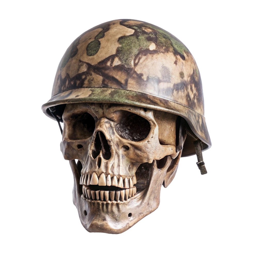 A skull wearing a helmet with camouflage paint png