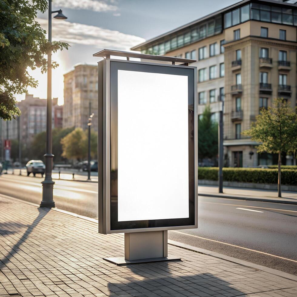 Poster billboard mockup. Blank white vertical advertising frame or light box by the outdoor city street background for media promotion template design. photo