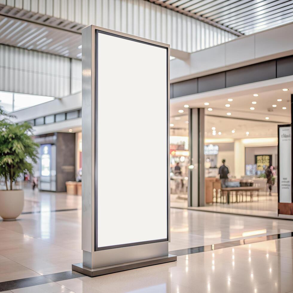 LED Screen mockup. Vertical indoor white blank TV digital poster billboard stand template for advertising design in shopping mall or supermarket. photo