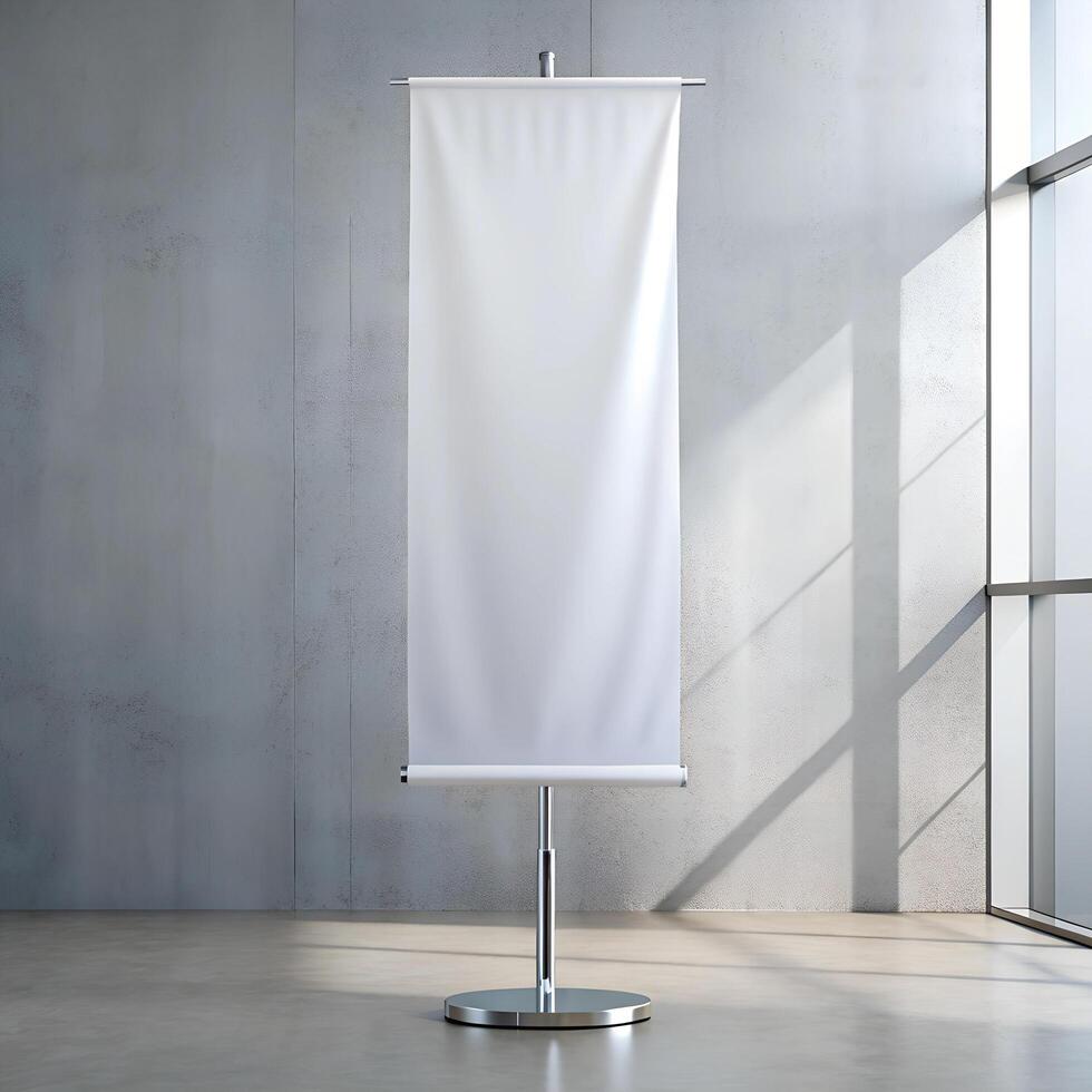 Banner flag stand mockup. Blank clear vertical white poster with space for logo or text near window with light grey rustic wall background in empty room photo