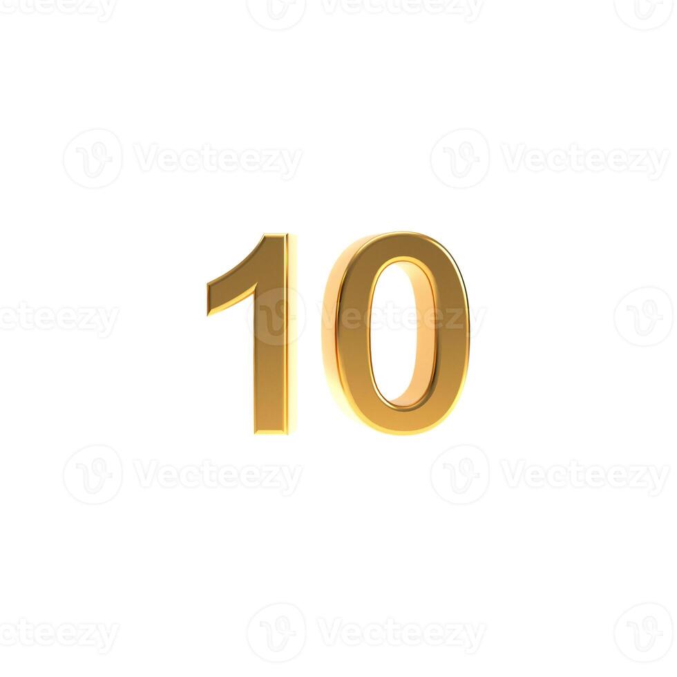 Golden number 10 sign, 3d gold number ten symbol isolated on white background. photo
