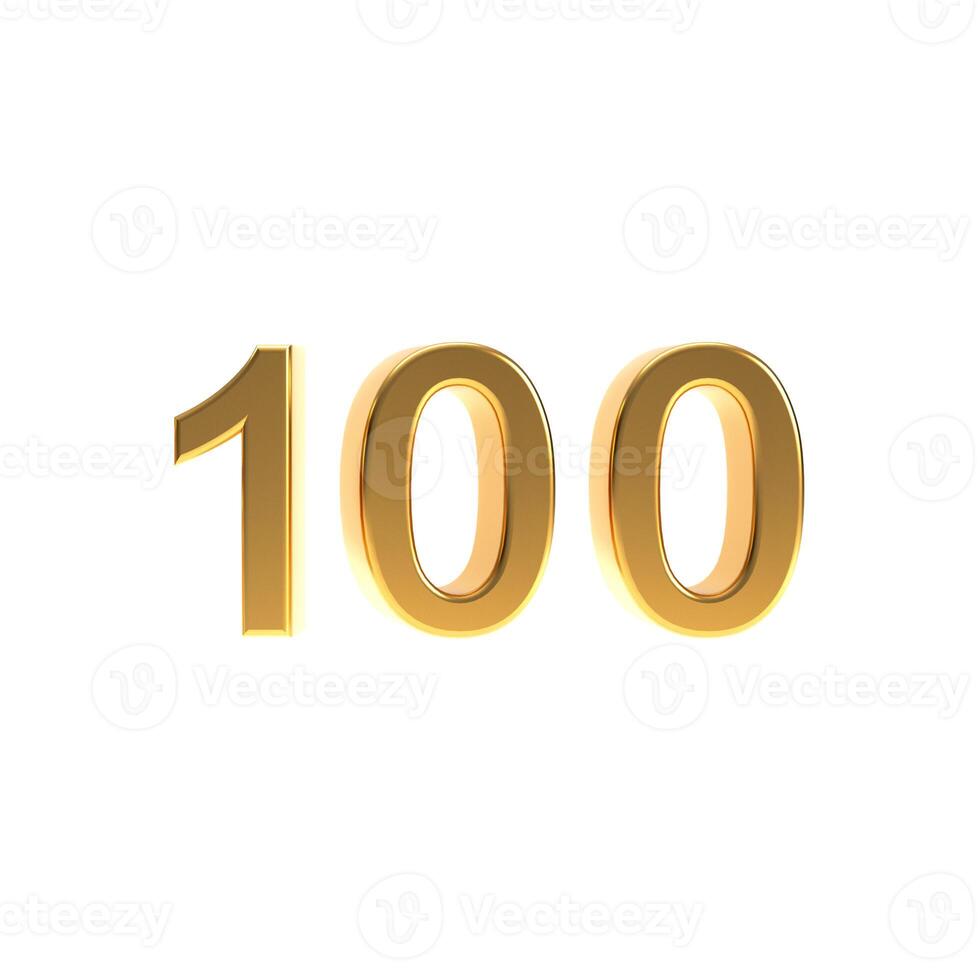 Golden number 100 sign, 3d gold number one symbol hundred isolated on white background. photo