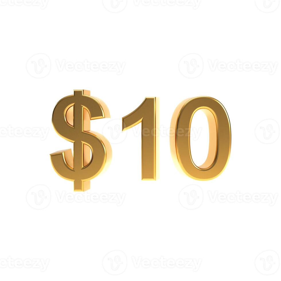 Golden ten dollars sign, gold 10 dollar symbol isolated on white background, 3d rendering. photo