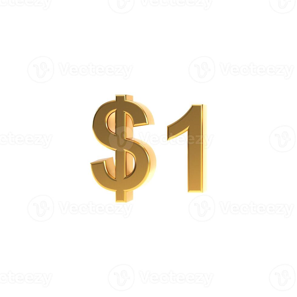 Golden one dollar sign, gold 1 dollar symbol isolated on transparent background, 3d rendering. photo
