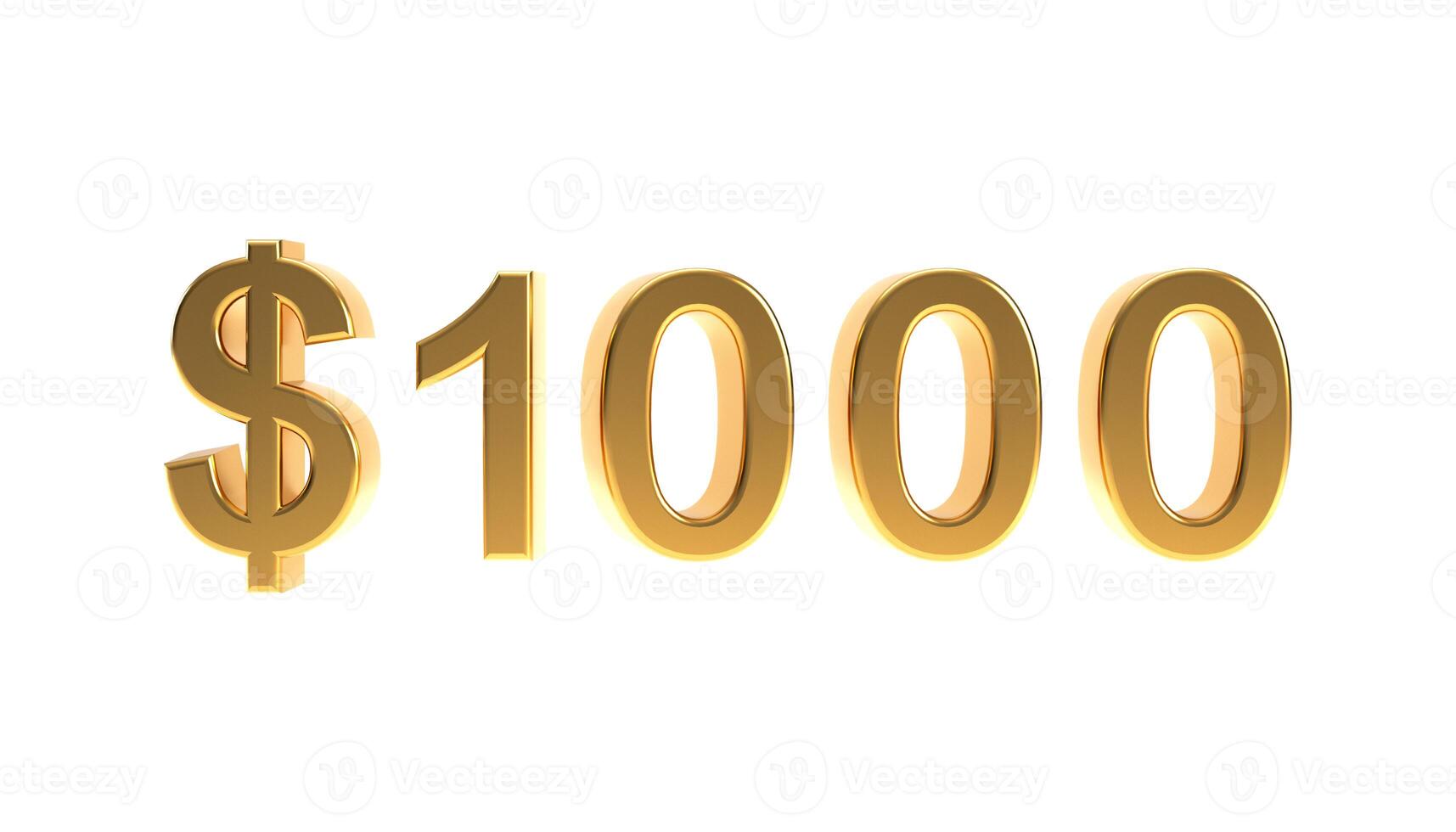 Golden 1000 dollars sign, gold one thousand grand or dollar symbol isolated on white background, 3d rendering. photo