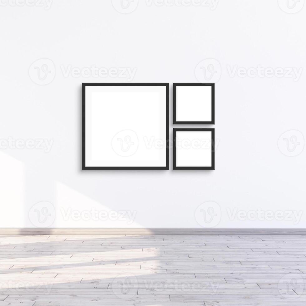 3 square frame mock up hanging on a white wall with sunlight, 3d render illustration. photo