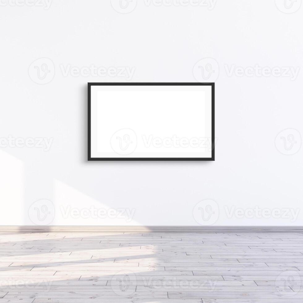 Horizontal frame mock up hanging on a white wall with sunlight, 3d render illustration. photo