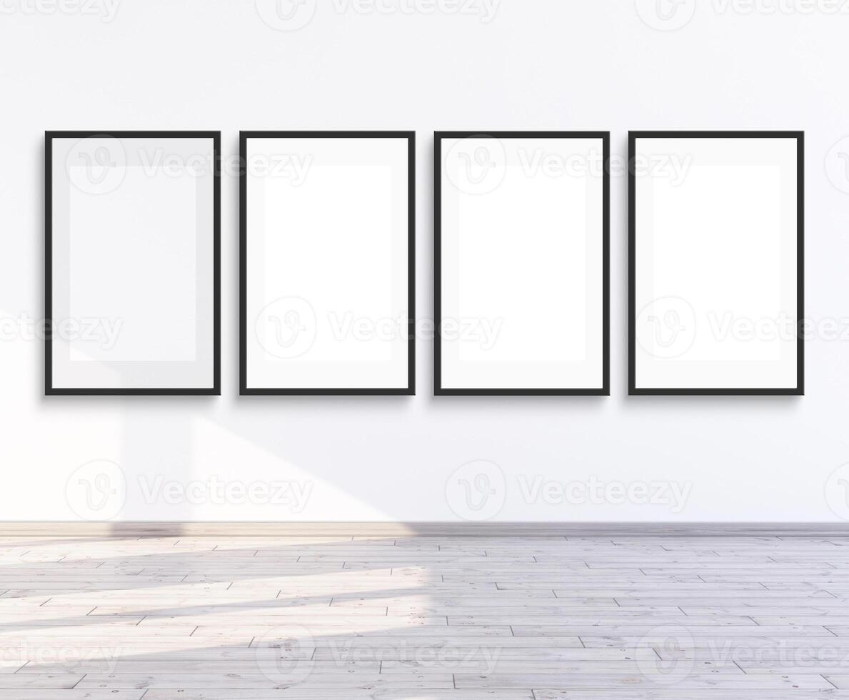 4 frames mock up for gallery wall on an empty white wall, 3d render illustration. photo