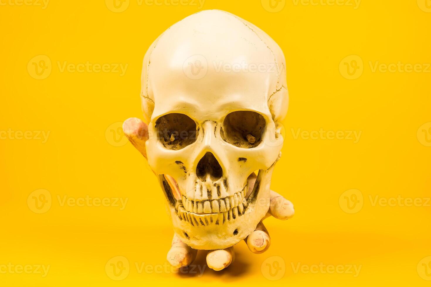 Severed Hand on a Skull Against a Yellow Background.Artistic and Spooky Halloween-Themed Display photo