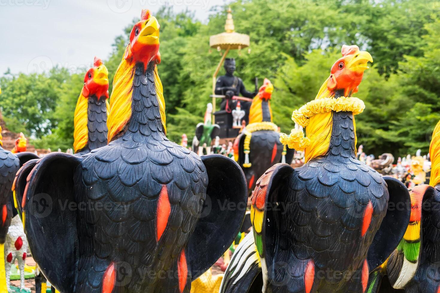 Traditional Thai Rooster Statues.Symbols of Prosperity at Ayutthaya, Thailand. photo