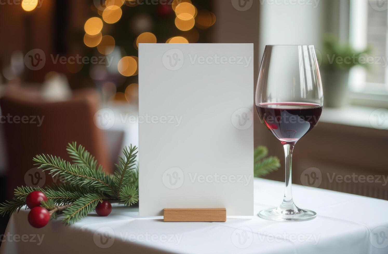 Elegant table setting featuring a blank menu card in a wooden holder and a glass of red wine. a festive Christmas background. Happy New Year photo