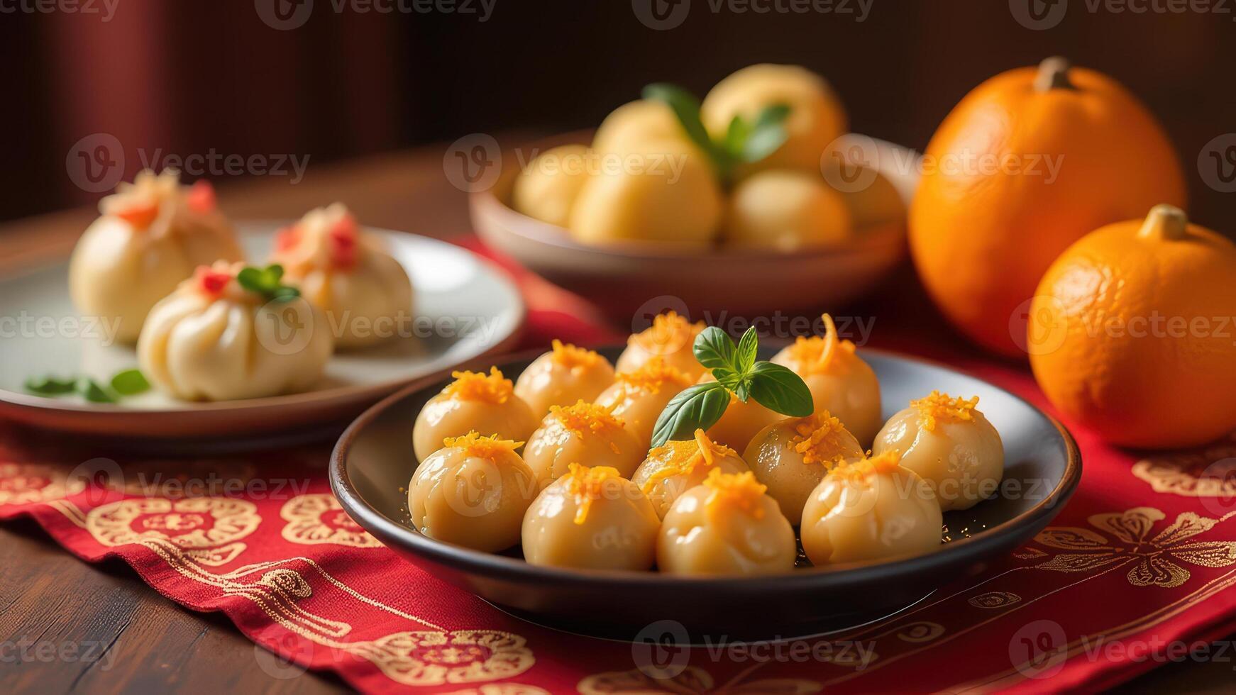 Chinese New Year. Delicious chinese pastries with fresh oranges on a festive table setting photo