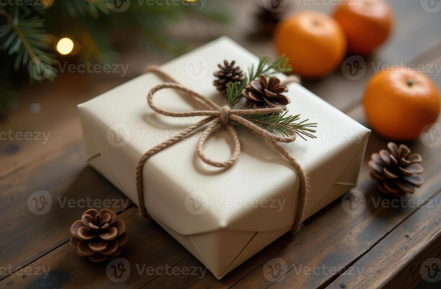 Rustic christmas gift box with pine cones and oranges. holiday decoration. Merry christmas and New Year photo