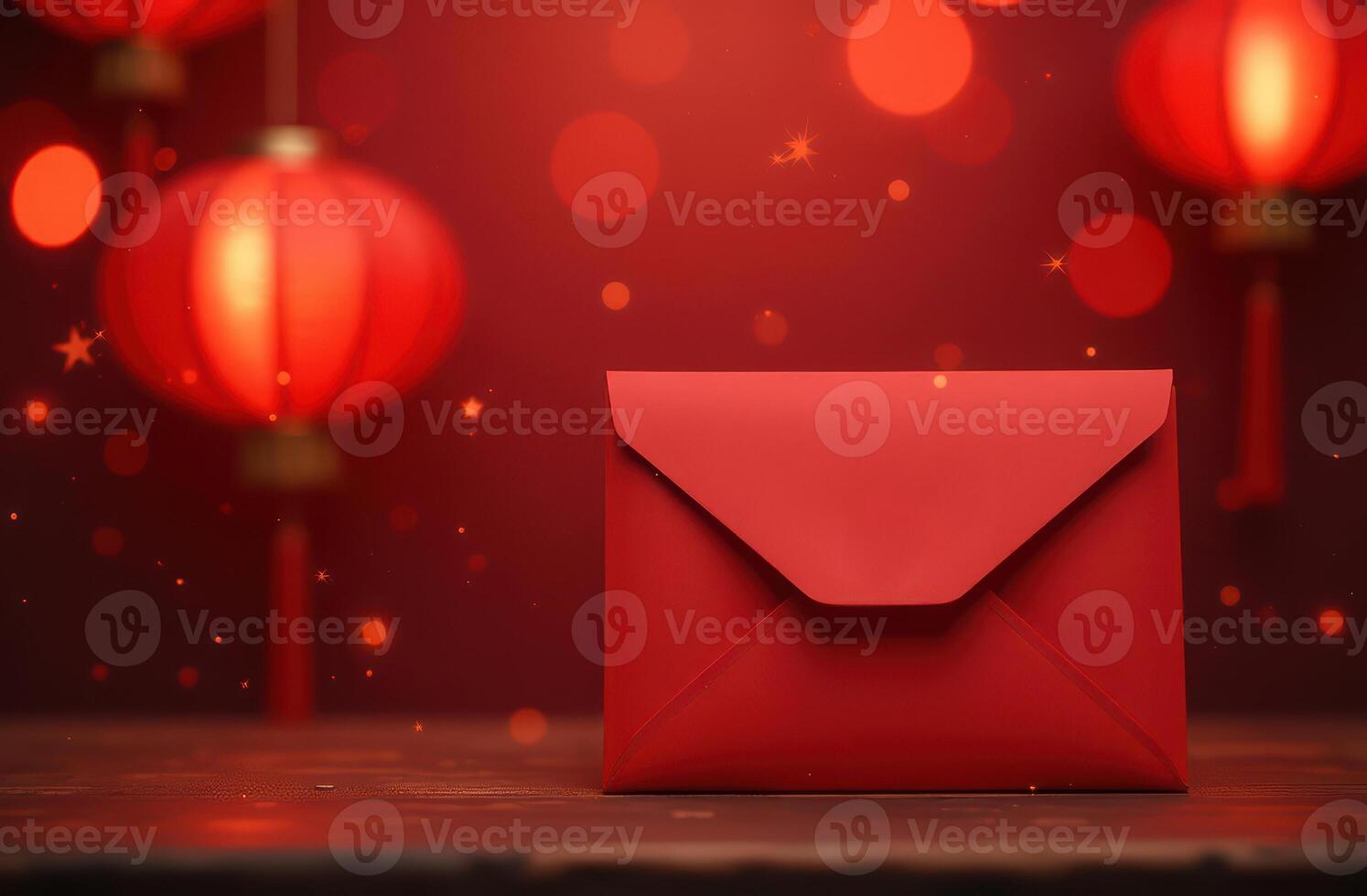 Festive red envelope with lanterns and bokeh effect for lunar new year celebration photo