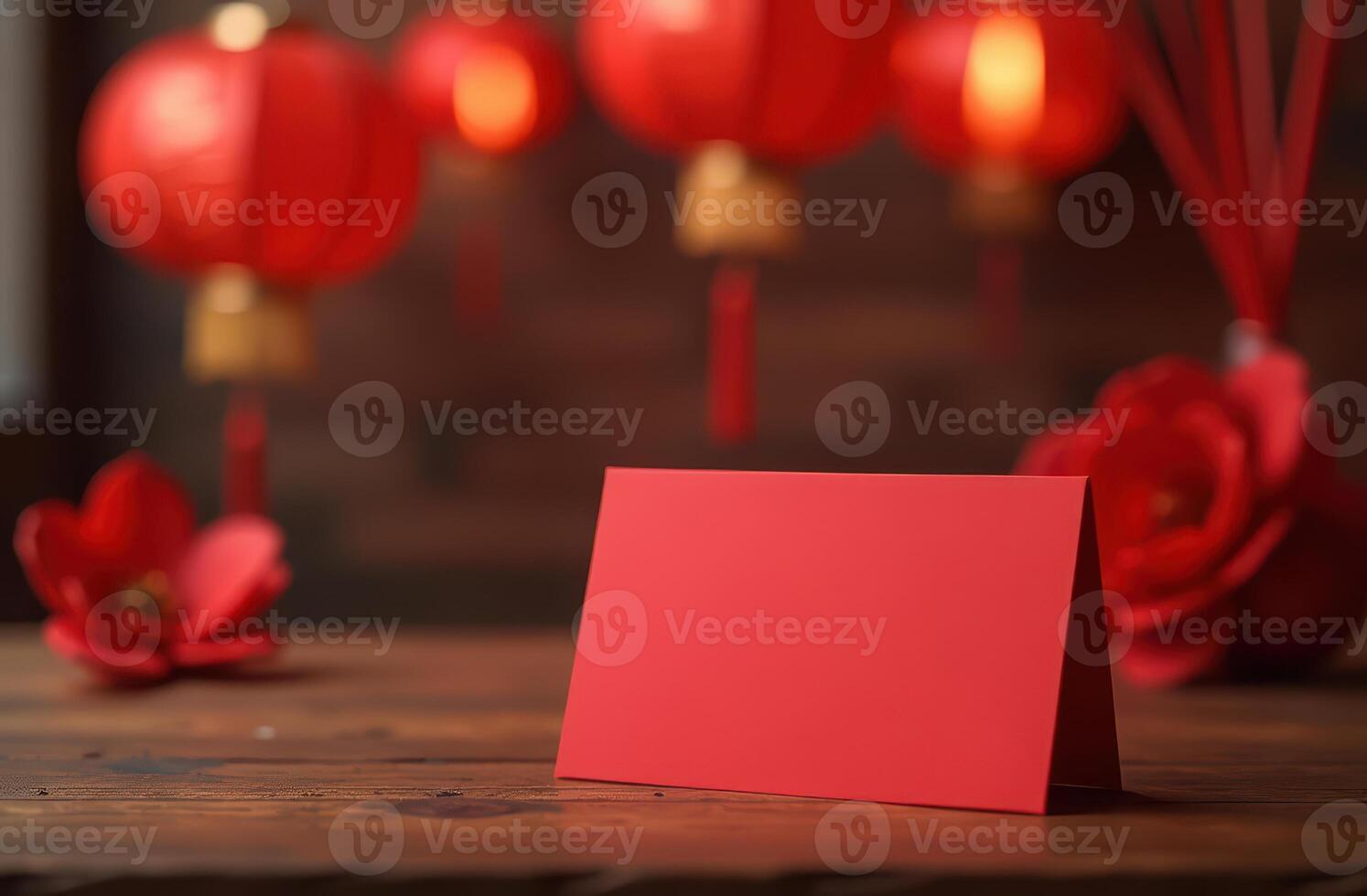 Festive red card displayed amidst lanterns and flowers for Chinese new year celebration photo