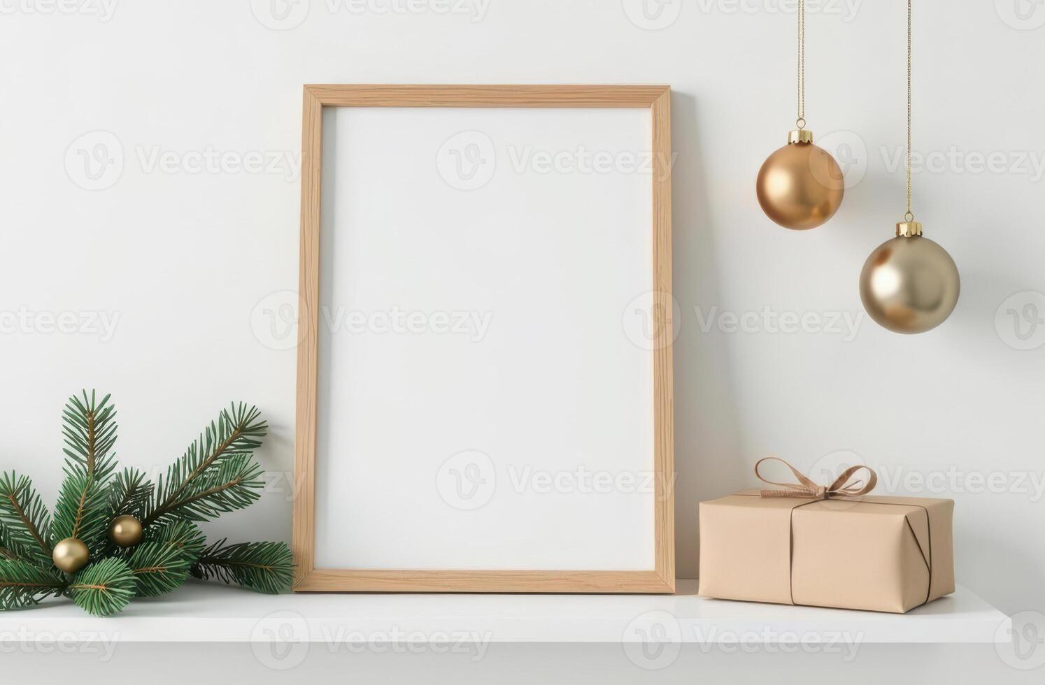 Minimalist christmas holiday display with empty frame for seasonal design. Happy New Year photo