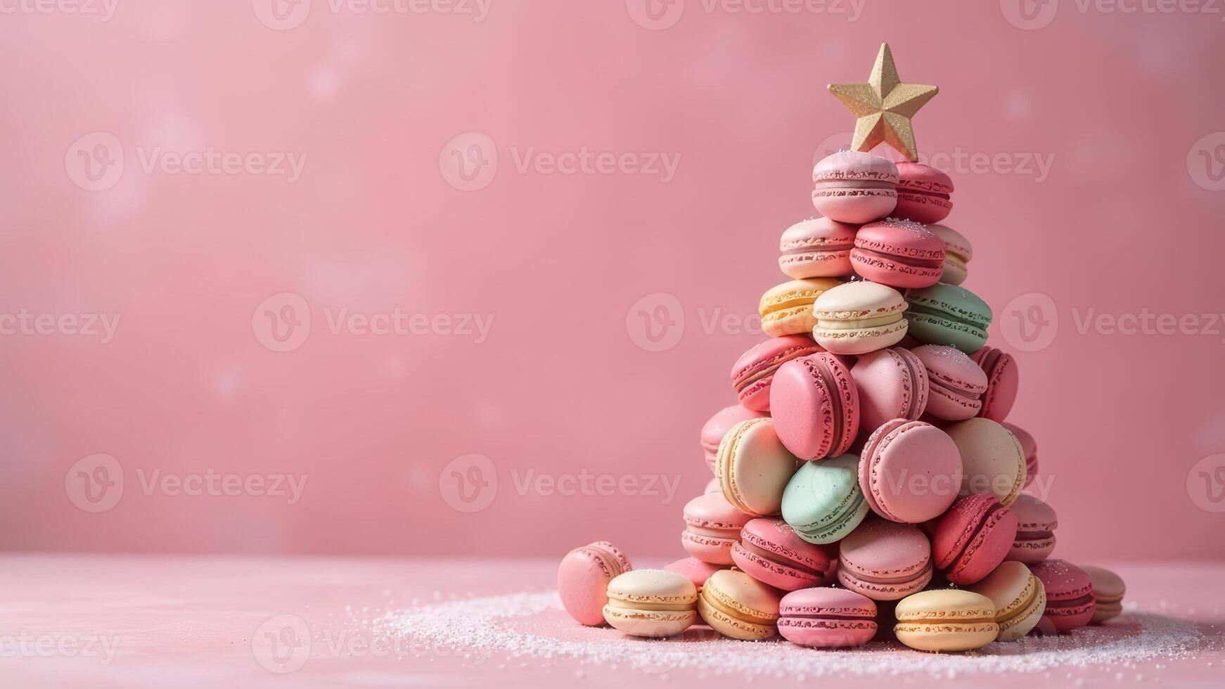 Colorful french macarons tower shaped like a christmas tree with a star topper against a soft pink background photo