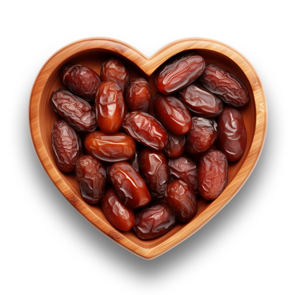 Dried dates on a wooden bowl isolated on transparent background png