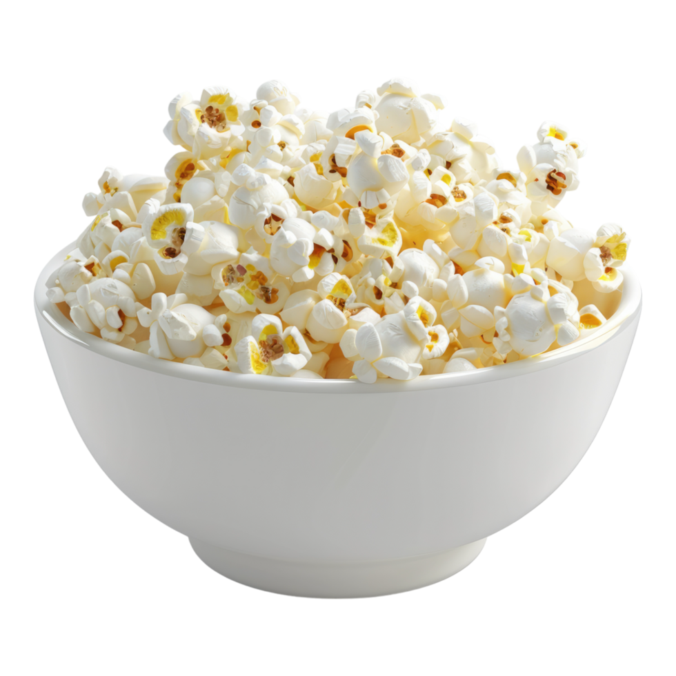 Popcorn in white bowl Isolated in transparent background. png